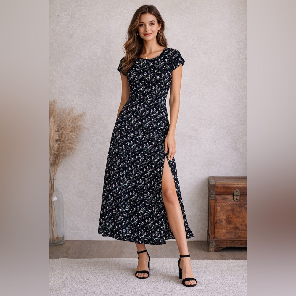 Hayden Black Floral Midi Dress size medium